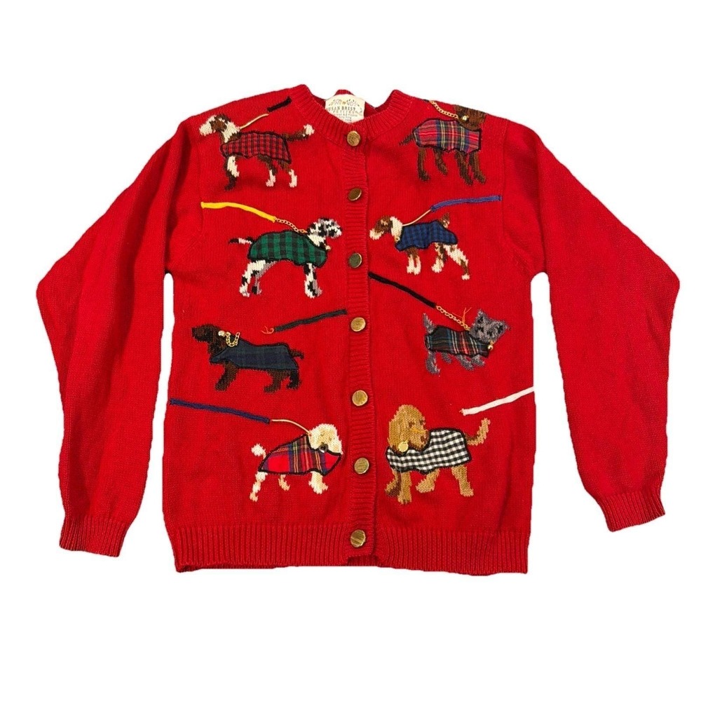 Vtg Susan Bristol Petite S Dogs On Leashes Embroidered Cardigan Sweater 1995